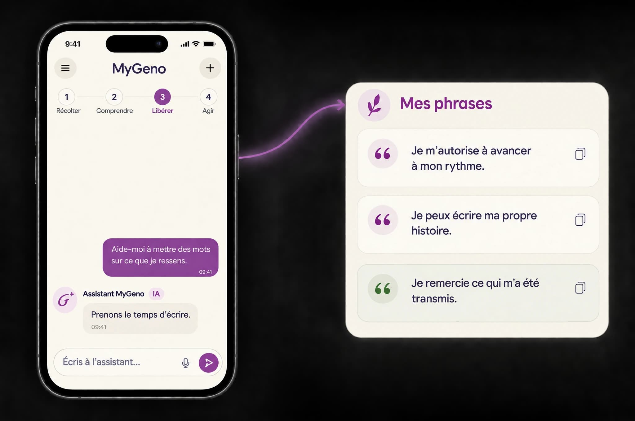 L'étape Libérer dans MyGeno : la phrase de libération et le geste symbolique
